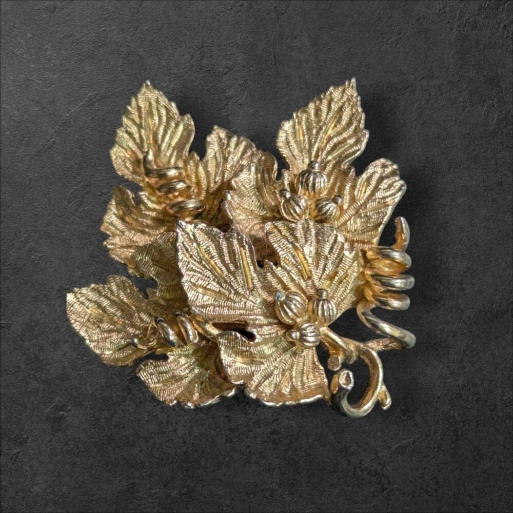Vintage Francois Gold-Tone Leaf Brooch Pin With Floral‎ Design French  Estate